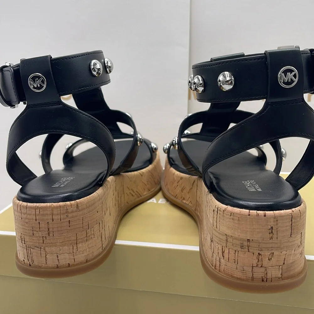 MICHAEL KORS Selah Studded Platform Gladiator Silver Studded Sandal Black  New